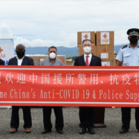 Health Minister, Hon. Dr. Culwick Togamana, Police Minister Hon. Anthony Veke, Communications and Aviation Minister Peter Shanel, PRC Ambassador Mr Li Ming & Police Commissioner Mostyn Mangau during the arrival of PRC humanitarian supplies on January 26