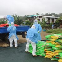 Livelihood distribution Team unloading bags of rice to Lordhowe community.
