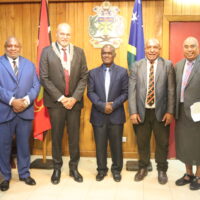 L-R PNG Foreign Affaire Secretary Mr Elias Wohengu, PNG DPM Hon. John Rosso, SI Prime Minister Hon. Jeremiah Manele, PNG High Commissioner To SI Mr Moses Kaul and SI Foreign Affairs  Permanent Secretary Mr Collin Beck at OPMC