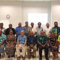 1 Senior public officers at the opening of the Keynote Speaker Tok Stori, with Dr Kristina Fidali, Professor Dr. Kabini Sanga and PS MPS Luke Cheka (seated centre, L - R) flanked by IPAM officers.