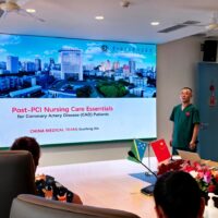Guofeng Xie delivers a clinical lecture on coronary disease nursing for NRH medical staff. Guofeng Xie delivers a clinical lecture on coronary disease nursing for NRH medical staff.