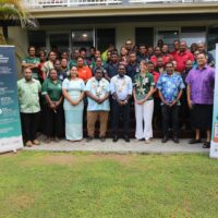 MECDM Minister Honorable Wayne Ghemu (Centre), MECDM Permanent Secretary David Hiba Hiriasia, Tory Clawson Country Director Save the Children Solomon Islands, Stakeholders and Donor Partners, Private Sector representatives and other line ministries pose for a group photo after the launching at Heritage Park Hotel.