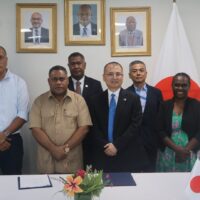 Picture4 Minister for Finance and Treasury, Hon. Rexon Ramofafia and the Supervising Minister for Foreign Affairs and External Trade, Hon. John Tuhaika Jnr with the Resident Representative of the Japan International Cooperation Agency (JICA), Mr. Mitsuyoshi Kawasaki and representatives from Japan’s Embassy and relevant government ministries.